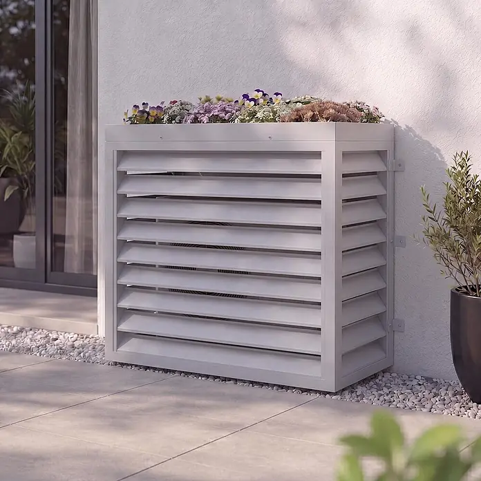 Mendler Verkleidung für Klimaanlage/Wärmetauscher HWC-O43-5 - grau-weiß -  - Hellgraue Lamellenabdeckung für Außengerät von Klimaanlage oder Wärmepumpe, mit integriertem Blumenkasten und Pflanzen.