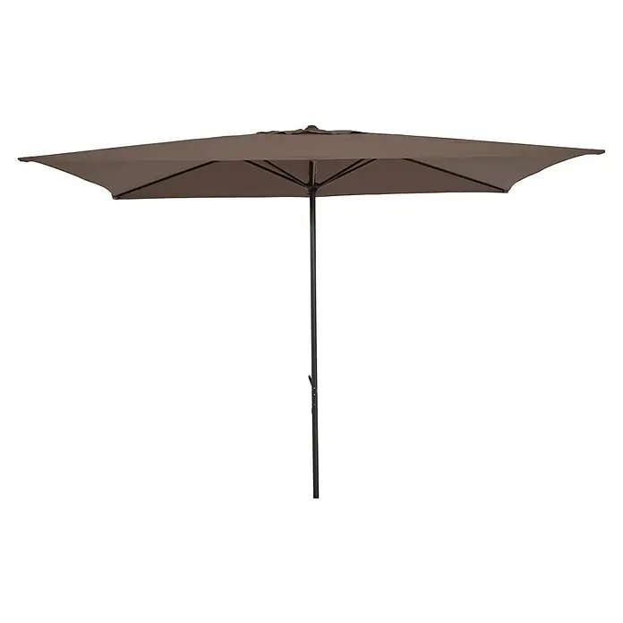 Sunfun Marktschirm Venetien II - Taupe, Bespannungsmaß (L x B): 300 x 200 cm - Nahaufnahme eines braunen Sonnenschirms mit Metallspeichen und Ständer, der Schatten spendet. Ideal für den Garten oder die Terrasse.