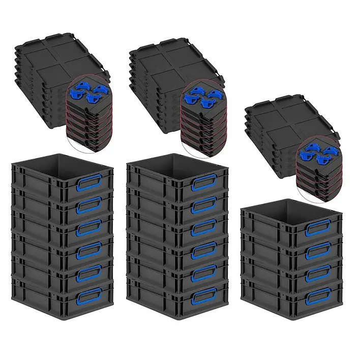 Eurobox 16er Set NextGen Color 12x30x40 11L Schwarz Griffe blau -  - Dunkelgraue Kunststoff-Lagerboxen mit blauen Griffen und passenden Deckeln mit blauen Clips, gestapelt gezeigt.