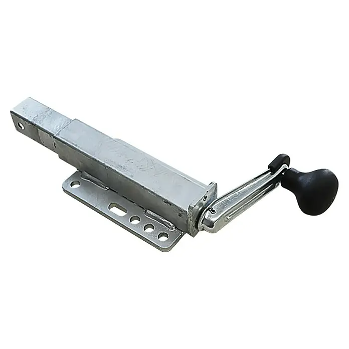 Kurbelstütze - Maße Rohr: 40 x 40 mm, Höhenverstellung: 30 cm - 45 cm, Mit Flanschplatte - Die Abbildung zeigt eine robuste, verzinkte Handkurbel mit schwarzem Griff, ideal für Anhänger oder ähnliche Anwendungen.