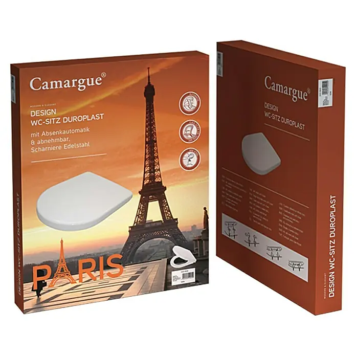 Camargue Paris WC-Sitz - Duroplast, Weiß, Mit Absenkautomatik, Abnehmbar - Toilettensitz "Paris" von Camargue, aus Duroplast, mit Absenkautomatik und Edelstahlscharnieren. Elegantes Design mit Eiffelturm-Motiv.