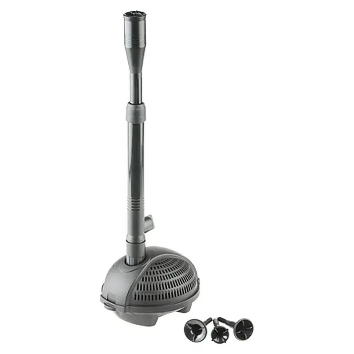 Neptun Classic Wasserspielpumpe NCTP-O 750 - 9 W, Fördermenge pro Std.: 720 l - Eine graue Teichpumpe mit einem langen Rohr und drei Düsenaufsätzen für Springbrunnen. Für Teiche und Wasserspiele.