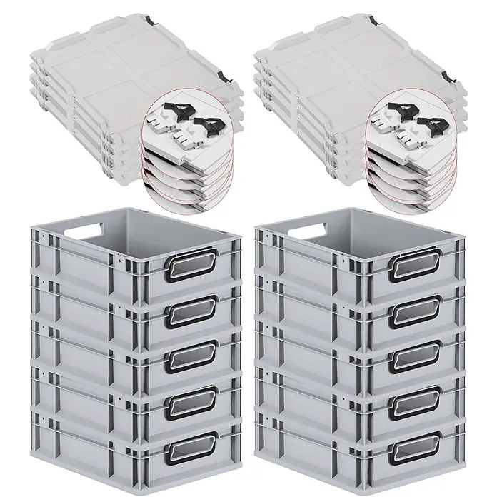 SuperSparSet 10xEurobox NextGen Color 12x30x40 11L Grau schwarz offen -  - Zwei Sets gestapelter grauer Kunststoff-Lagerboxen mit schwarzen Griffen und gestapelten grauen Kunststoffdeckeln mit schwarzen Verschlüssen.