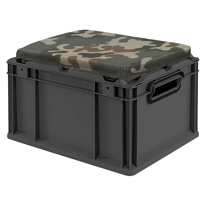 Eurobox Nextgen Seat Box Camouflage, 26,5x30x40, 20L, Griffe Offen, Schwarz -  - Dunkelgraue Kunststoff-Vorratsbox mit gepolstertem Tarnmusterdeckel, als Sitz nutzbar.