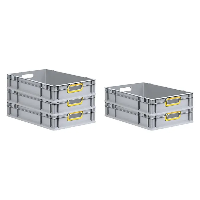 Eurobox NextGen Color 12x40x60cm 23L Griffe gelb offen Glatter Boden Grau -  - Stapelbare graue Kunststoff-Lagerboxen mit gelben Etikettenhaltern zur Organisation.