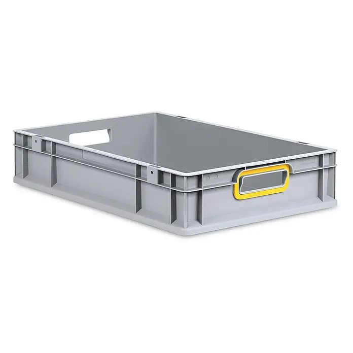 Eurobox NextGen Color 12x40x60cm 23L Griffe gelb offen Glatter Boden Grau -  - Graue Kunststoff-Stapelbox mit gelbem Etikettenhalter.