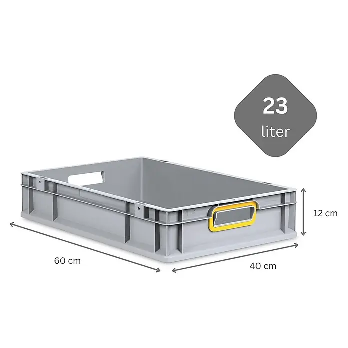 Eurobox NextGen Color 12x40x60cm 23L Griffe gelb offen Glatter Boden Grau -  - Graue Kunststoff-Lagerbox mit gelben Griffen, 60x40x12 cm, 23 Liter Fassungsvermögen.