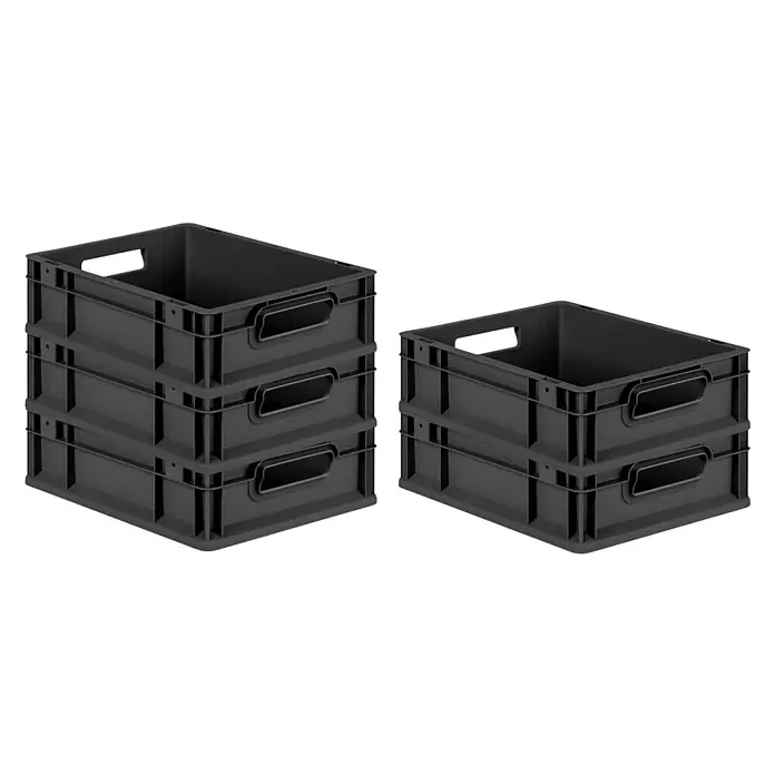 Proregal Eurobox Eurobox NextGen Grip - L x B x H: 40 x 30 x 12 cm, Kunststoff, Schwarz - Zwei Stapel dunkelgrauer Kunststoffkisten. Sie sind stapelbar und haben Griffe.