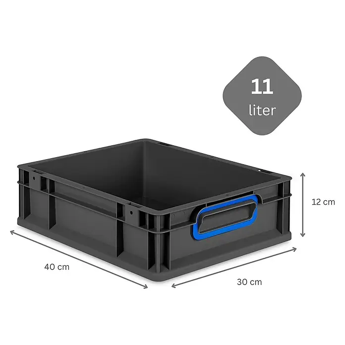 Eurobox NextGen Color 12x30x40cm 11L Griffe blau geschlossen Schwarz -  - Dunkelgraue 11-Liter-Kunststoff-Lagerbox mit blauen Griffen, 40x30x12 cm.