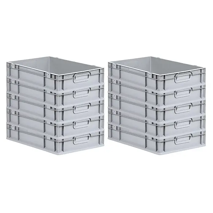 Eurobox NextGen Grip 12x40x60cm 23L Griffe geschlossen Glatter Boden Grau -  - Zwei Stapel grauer, stapelbarer Kunststoff-Lagerboxen.
