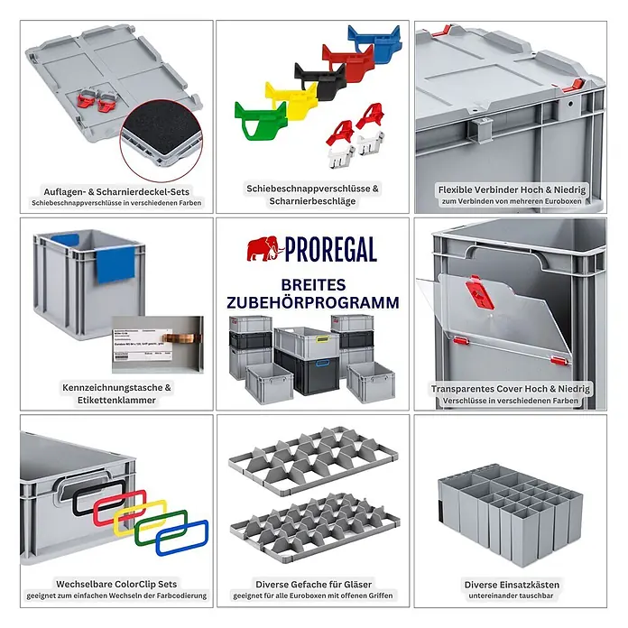 SuperSparSet 10xEurobox NextGen Color 12x30x40 11L Grau schwarz offen -  - PROREGAL Zubehörprogramm: graue und schwarze Eurobox-Deckel, Verbinder, Etikettenhalter und diverse Ordnungsfächer.