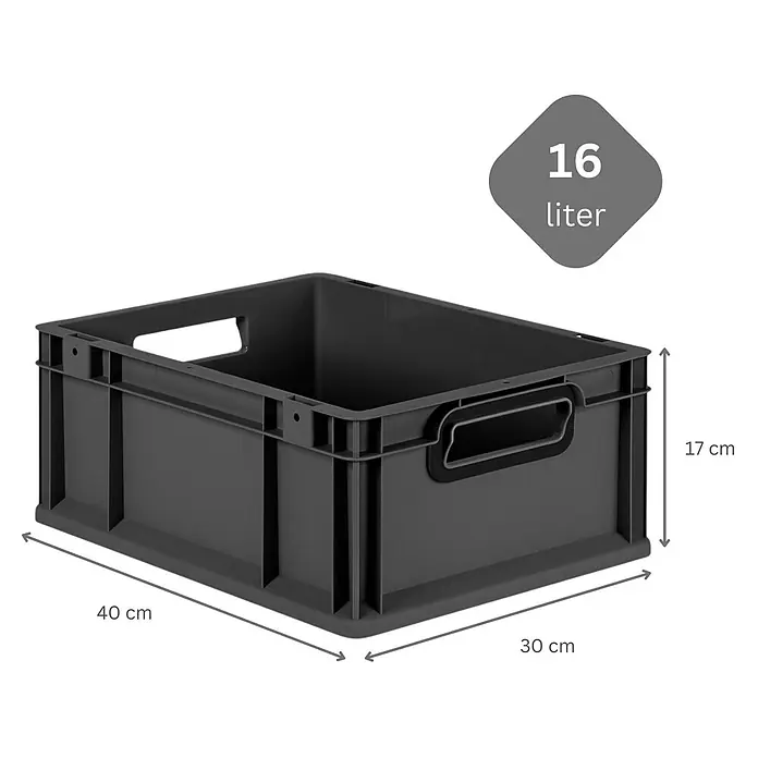 SparSet 5xEurobox NextGen Color 17x30x40 16L Schwarz Griffe schwarz offen -  - Dunkelgraue Kunststoff-Lagerkiste mit den Maßen 40x30x17 cm und 16 Liter Volumen.