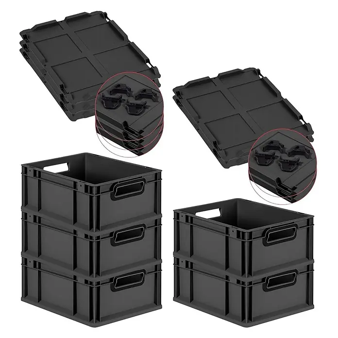SparSet 5xEurobox NextGen Color 17x30x40 16L Schwarz Griffe schwarz offen -  - Schwarze stapelbare Kunststoff-Aufbewahrungskisten mit Griffen, montiert und gestapelt gezeigt, zusammen mit passenden Deckeln mit Verschlussclips.