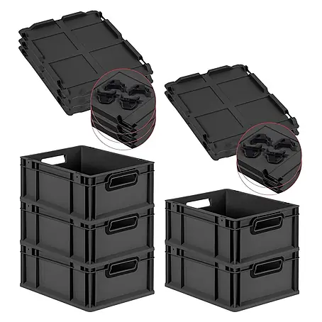 SparSet 5xEurobox NextGen Color 17x30x40 16L Schwarz Griffe schwarz offen