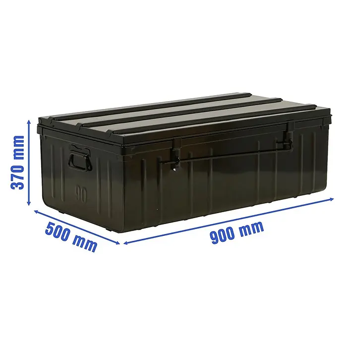 Metall Transportbox GELDO 37x90x50cm 166,5 Liter Anthrazit Aufbewahrungsbox -  - Dunkelgrüne Metall-Aufbewahrungsbox mit geripptem Deckel, seitlichen Griffen und vorderen Verschlüssen, ideal für robusten Transport und Lagerung.