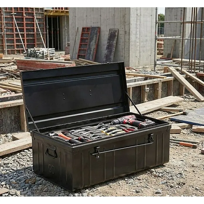 Metall Transportbox GELDO 37x90x50cm 166,5 Liter Anthrazit Aufbewahrungsbox -  - Offene schwarze Metall-Werkzeugkiste mit verschiedenen Werkzeugen, auf einer Baustelle.