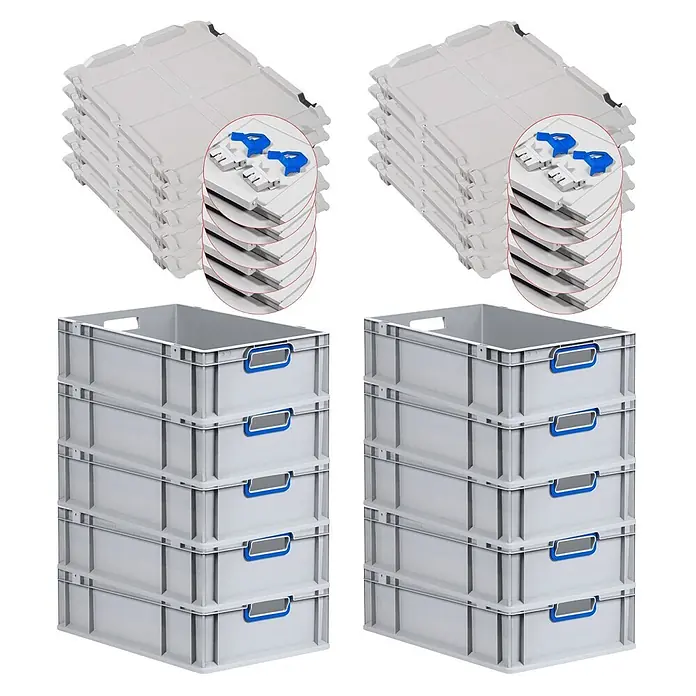 Eurobox 10er Set NextGen Color 17x40x60 34L Grau blau offen -  - Stapelbare graue Kunststoff-Lagerkisten mit blauen Beschriftungshaltern und passenden Deckeln mit blauen Verschlussclips.