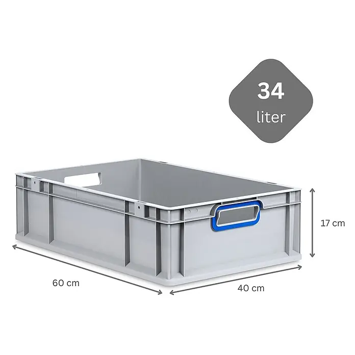 Eurobox 10er Set NextGen Color 17x40x60 34L Grau blau offen -  - Graue Kunststoff-Vorratsbox mit blauem Griff, 60x40x17 cm, 34 Liter Volumen.