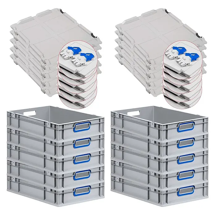 Eurobox 10er Set NextGen Color 12x40x60 23L Grau blau offen -  - Graue Kunststoff-Stapelbehälter mit blauen Griffeinsätzen und passende graue Kunststoffdeckel mit blauen Verschlussclips.