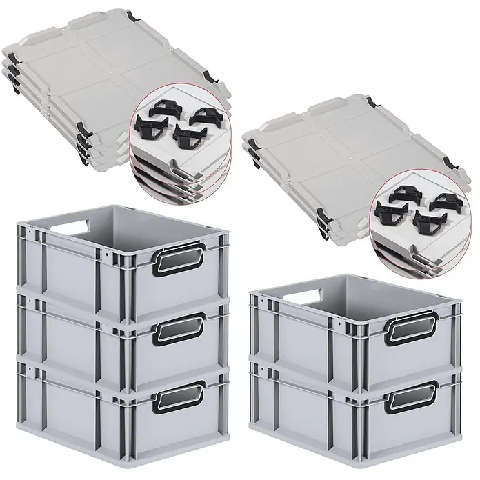 SparSet 5xEurobox NextGen Color 17x30x40 16L Grau Griffe schwarz offen -  - Graue Kunststoff-Stapelboxen und passende graue Rollwagen mit schwarzen Rädern, auch als Deckel verwendbar.