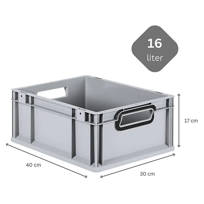 SparSet 5xEurobox NextGen Color 17x30x40 16L Grau Griffe schwarz offen -  - Graue Kunststoff-Stapelbox mit Griffen, 40x30x17 cm, 16 Liter Volumen.