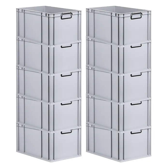 SparSet 10x Eurobox NextGen Color 32x40x60cm 65L Griffe schwarz -  - Zwei Stapel von fünf grauen Kunststoff-Aufbewahrungsboxen mit Griffen.