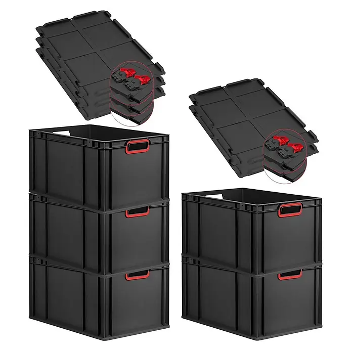 Eurobox 5er Set NextGen Color 32x40x60 65L Schwarz Griffe rot offen -  - Schwarze klappbare Aufbewahrungsboxen aus Kunststoff mit roten Griffen und passenden Deckeln, gestapelt und zerlegt dargestellt.