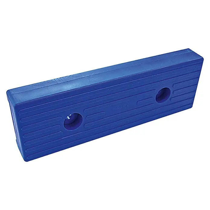 Gummiauflage - 30 x 10 cm, Stärke: 4 cm - Blauer Gummiblock mit zwei Löchern, ideal als Stoßdämpfer oder Abstandshalter für verschiedene Anwendungen. Robust und langlebig.
