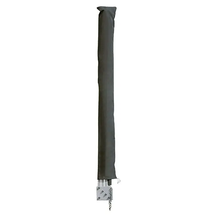 Sunfun Abanico para balcón - Antracita, 1,4 x 1,4 m - Una cubierta protectora larga y gris oculta un objeto, con un soporte de montaje plateado con suspensión de cadena en la parte inferior.