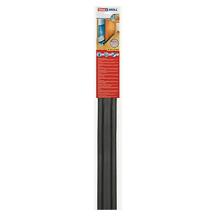 Tesa INSULATION Junta para puerta - Gris, Largo: 0,95 m - La imagen muestra un burlete Tesa Moll para puertas en negro, que ofrece una solución sencilla para las corrientes de aire frío y los altos costos de calefacción.