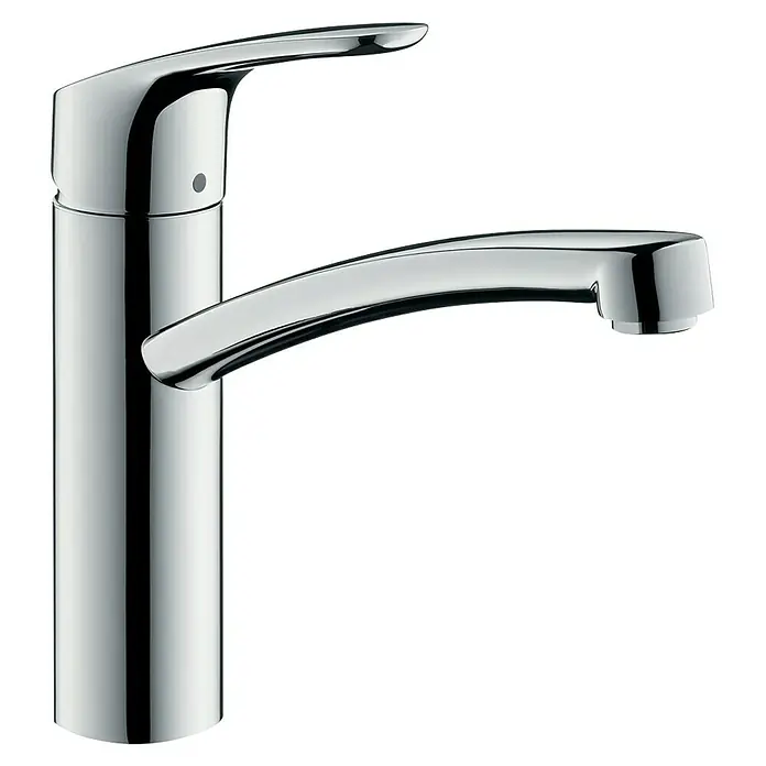 Hansgrohe Spültischarmatur Focus 160 - Chrom, Glänzend - Bild einer glänzenden Chrom-Küchenarmatur. Das moderne Design umfasst einen hohen Auslauf und einen geschwungenen Wasserhahn.