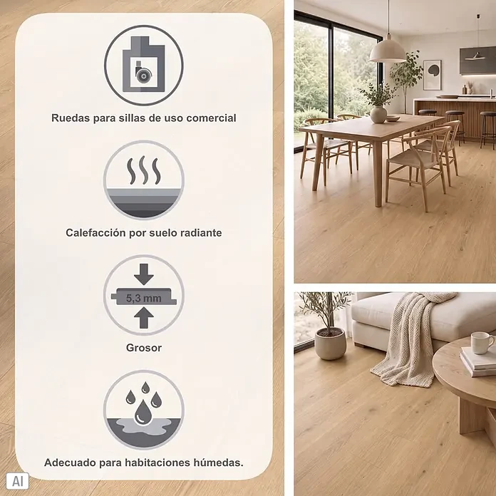 Parador Vinylboden Basic 5.3 - Eiche Studioline geschliffen, Landhausdiele, 1.209 x 225 x 5,3 mm - Heller Holzfußboden in Räumen, mit Symbolen für Bürostuhlrollen, Fußbodenheizung, 5,3 mm Stärke und Feuchtraumeignung.