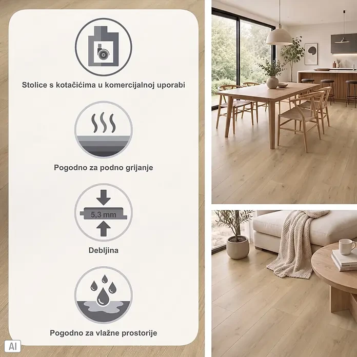 Parador Vinylboden Basic 5.3 - Eiche Regent beige, Landhausdiele, 1.209 x 225 x 5,3 mm - Heller Holzplankenboden in einem modernen Zuhause, mit Symbolen für kommerzielle Haltbarkeit, Fußbodenheizung, 5,3mm Dicke und Wasserbeständigkeit.