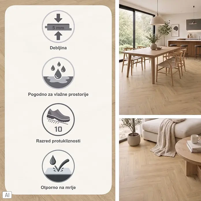 Parador Vinylboden Trendtime 3 - Eiche Regent beige, Fischgrät, 730 x 146 x 5 mm - Helles Fischgrät-Bodenbelag in Holzoptik im modernen Interieur. Betont 5mm Dicke, Feuchtraumeignung, Rutschhemmklasse 10 und Fleckenbeständigkeit.