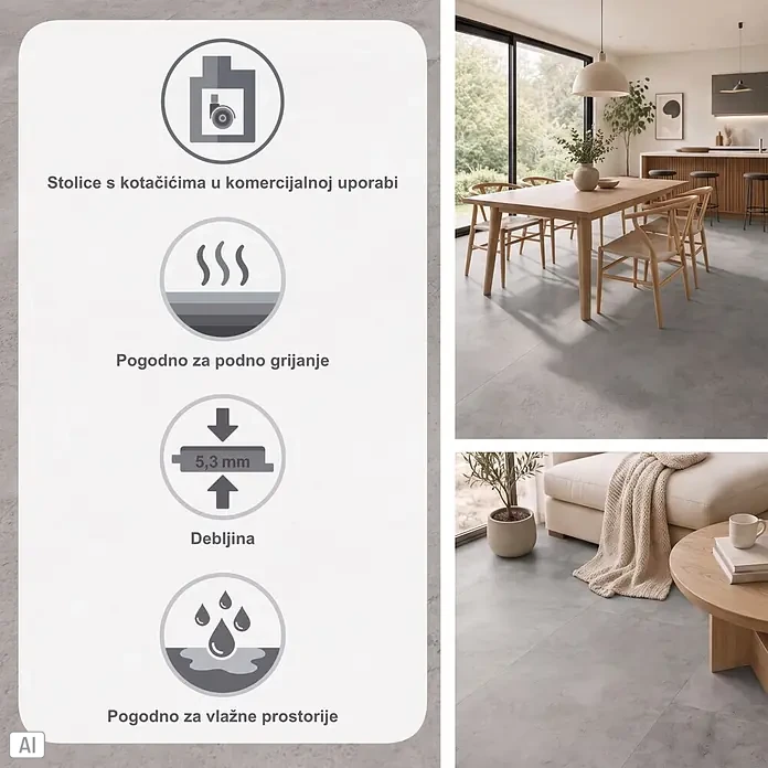Parador Vinylboden Basic 5.3 - Beton Grau, Fliese, 914 x 457 x 5,3 mm - Grauer Bodenbelag in Betonoptik. Eigenschaften: kommerzielle Nutzung (Stuhlrollen), Fußbodenheizung, Nassraumtauglichkeit, 5,3mm dick. Abgebildet in modernen Wohnräumen.