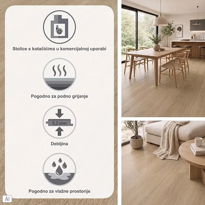 Parador Vinylboden Basic 5.3 - Eiche Oxford geschliffen, Landhausdiele, 1.209 x 225 x 5,3 mm - Heller holzfarbener Bodenbelag in modernen Räumen. Symbole zeigen Eignung für kommerzielle Nutzung, Fußbodenheizung, 5,3 mm Dicke und Feuchträume.