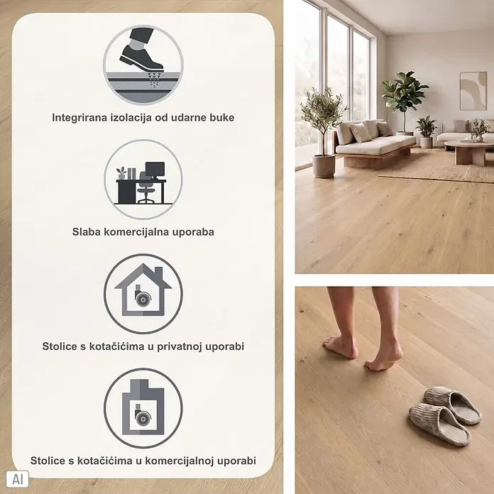 Parador Vinylboden Basic 30 - Eiche Regent beige Gebürstete Struktur, Landhausdiele, 1.207 x 216 x 9,4 mm - Heller Holzfußboden in einem Wohnzimmer, mit Symbolen für integrierte Trittschalldämmung, leichte gewerbliche Nutzung und Stühle mit Rollen.