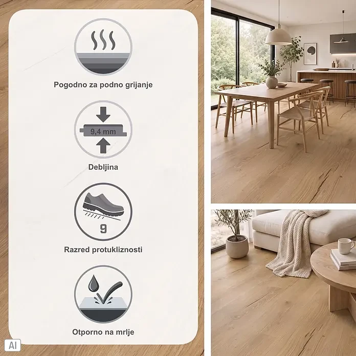Parador Vinylboden Basic 30 - Eiche Cambridge natur Gebürstete Struktur, Landhausdiele, 1.207 x 216 x 9,4 mm - Heller Holzfußboden in modernem Interieur, begleitet von einem Panel mit Produktmerkmalen.