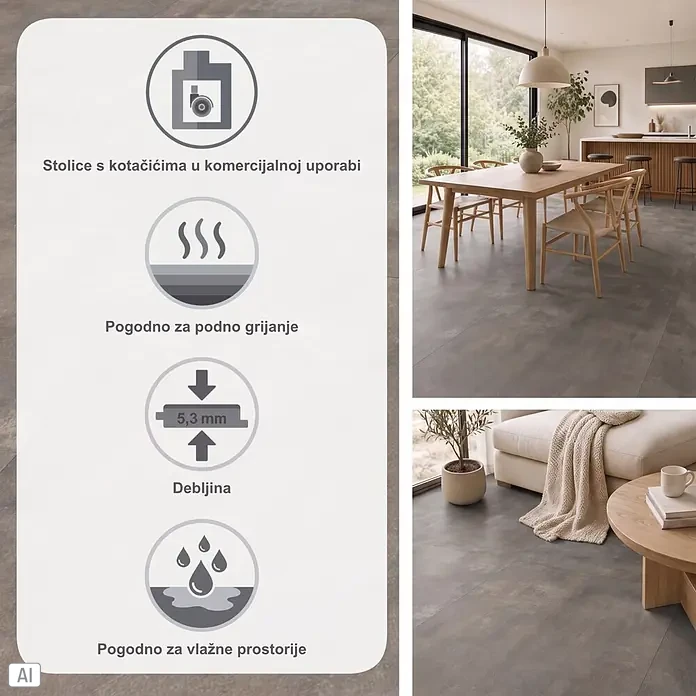 Parador Vinylboden Basic 5.3 - Mineral Grey, Fliese, 914 x 457 x 5,3 mm - Grauer Fußboden in modernem Zuhause, geeignet für Bürostühle, Fußbodenheizung, Feuchträume, 5,3mm Dicke.