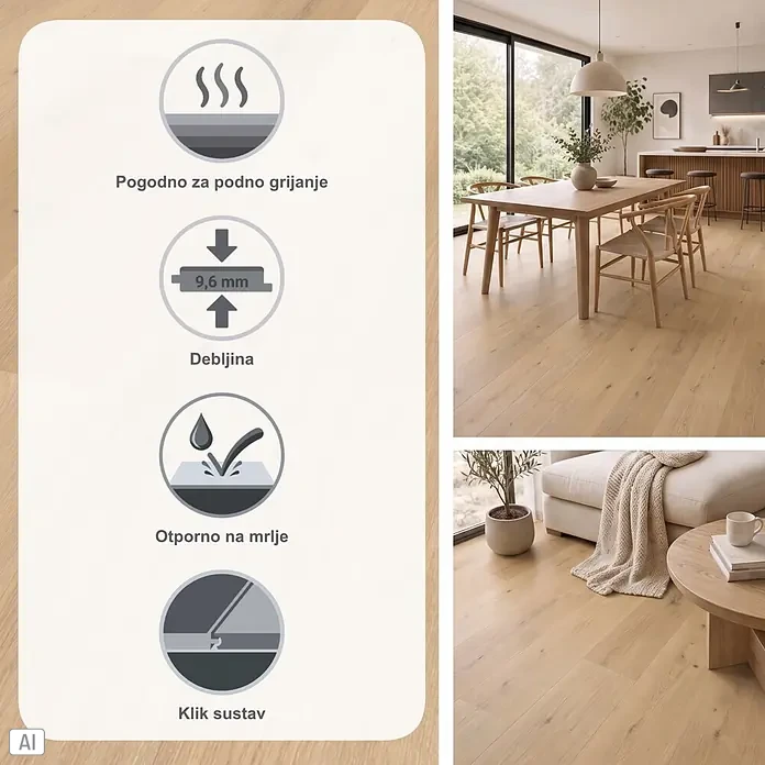 Parador Vinylboden Classic 2030 - Eiche Natural Mix hell Holzstruktur, Landhausdiele, 1.207 x 216 x 9,6 mm - Heller Holzboden (9,6 mm) mit Fußbodenheizungseignung, fleckenbeständigem Klicksystem, in modernen Wohnräumen gezeigt.
