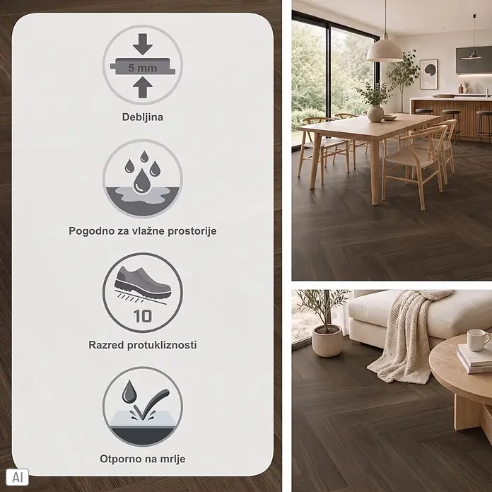 Parador Vinylboden Trendtime 3 - Eiche Oxford dunkelbraun, Fischgrät, 730 x 146 x 5 mm - Dunkelbrauner Fischgrät-Bodenbelag in einem modernen Raum, mit Symbolen, die wichtige Merkmale wie Haltbarkeit und Nassraum-Eignung hervorheben.