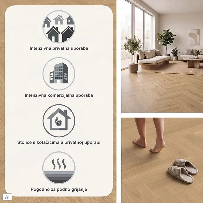 Parador Vinylboden Trendtime 3 - Eiche Oxford natur, Fischgrät, 730 x 146 x 5 mm - Heller Holz-Fischgrätboden mit Infografik, die Eignung für intensive private & gewerbliche Nutzung, Rollstühle und Fußbodenheizung zeigt.
