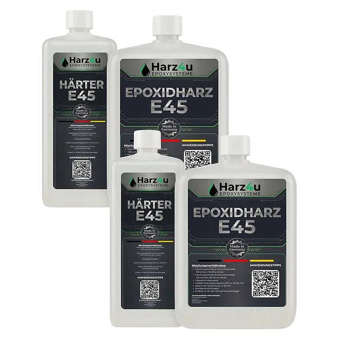 Harz4u Epoxysysteme Epoxidharz -Set 6 kg -  - Set aus weißen Plastikflaschen mit dunklen Etiketten für Harz4u E45 Epoxidharz und Härter, Made in Germany.