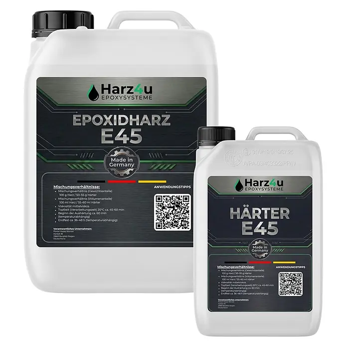 10kg Epoxidharz-Set -  - Zwei weiße Plastikkanister Harz4u E45 Epoxidharz und Härter mit schwarzen Deckeln und grün-schwarzen Etiketten.