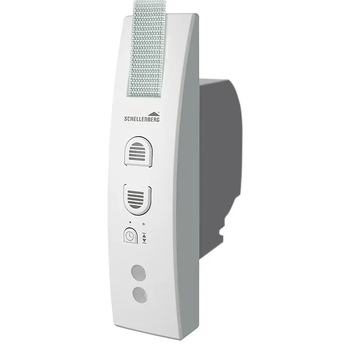 Schellenberg Recogedor de cinta de persiana Rollodrive 45 - Empotrado, Anchura de la correa: 23 mm, Distancia entre orificios: 135 mm - 165 mm - Primer plano de un accionamiento de persiana enrollable Schellenberg, ideal para automatizar persianas enrollables, con elementos de control.