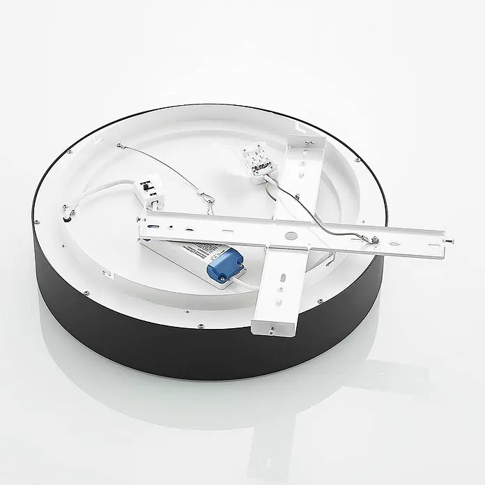 Arcchio LED Deckenlampe in schwarz, weiß, Deckenleuchte rund -  - Schwarz-weiße runde Deckenleuchte, zeigt interne Verkabelung, LED-Treiber und kreuzförmige Montagehalterung zur Installation.
