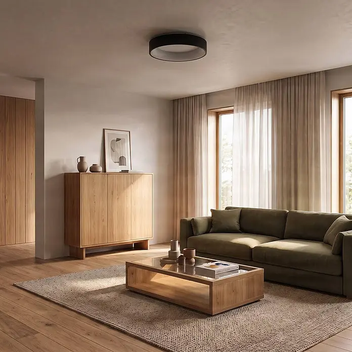 Arcchio LED Deckenlampe in schwarz, weiß, Deckenleuchte rund -  - Runde schwarze Deckenleuchte, die ein modernes Wohnzimmer beleuchtet.
