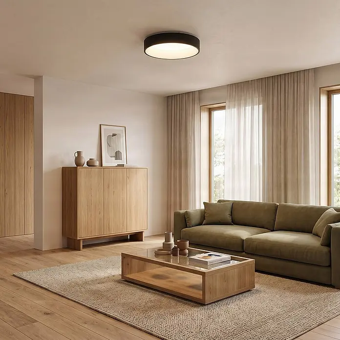 Arcchio LED Deckenlampe in schwarz, weiß, Deckenleuchte rund -  - Runde schwarze Aufbau-Deckenleuchte erhellt ein modernes Wohnzimmer.