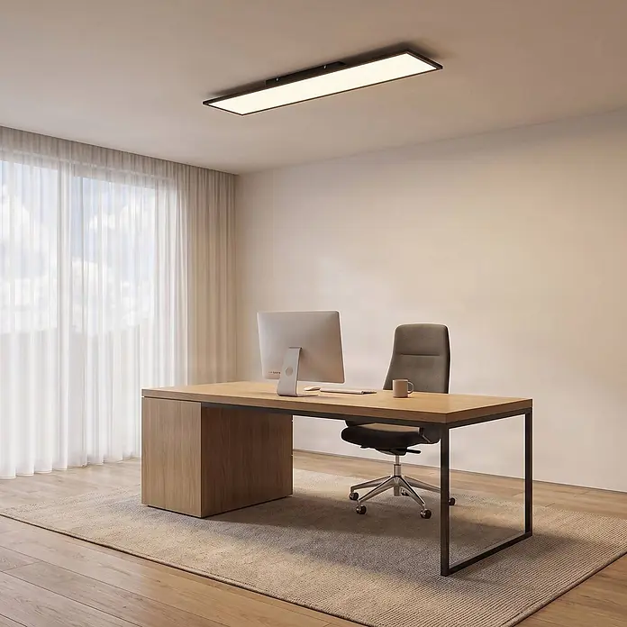 Lindby LED Deckenleuchte flach in schwarz, weiß, dimmbar Panel -  - Rechteckige LED-Deckenleuchte mit schwarzem Rahmen und weißer Beleuchtung, die ein modernes Büro erhellt.