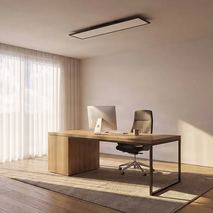 Lindby LED Deckenleuchte flach in schwarz, weiß, dimmbar Panel -  - Rechteckige Deckenleuchte mit schwarzem Rahmen und weißem Diffusor, an einer Bürodecke installiert.